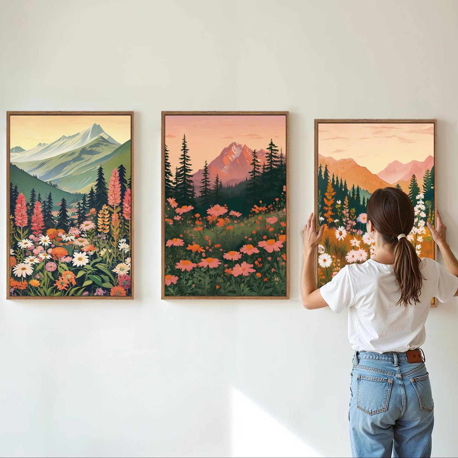 Tinonedraw Colorful Wildflower Blossom Framed Canvas Wall Art Set, Boho Blue Ridge Mountain Wall Decor,Floral Forest Scenery Artwork, Modern Nature Landscape Art Prints for Living Room Bedroom Office 16x24x3